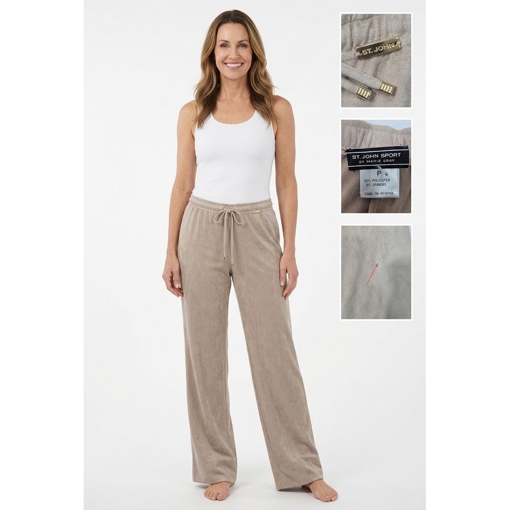 St John Sport Marie Gray Pants Petite P Beige Faux Suede Drawstring Vintage 2002